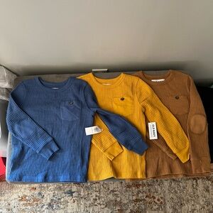 Old Navy lot of 3 size 4T Kids Waffle Knit Long Sleeve Shirt Blue, Yellow, Brown